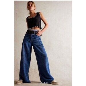 We The Free Old West High Rise Slouchy Wide Leg Jeans Deep Indigo Raw Hem 28 NEW